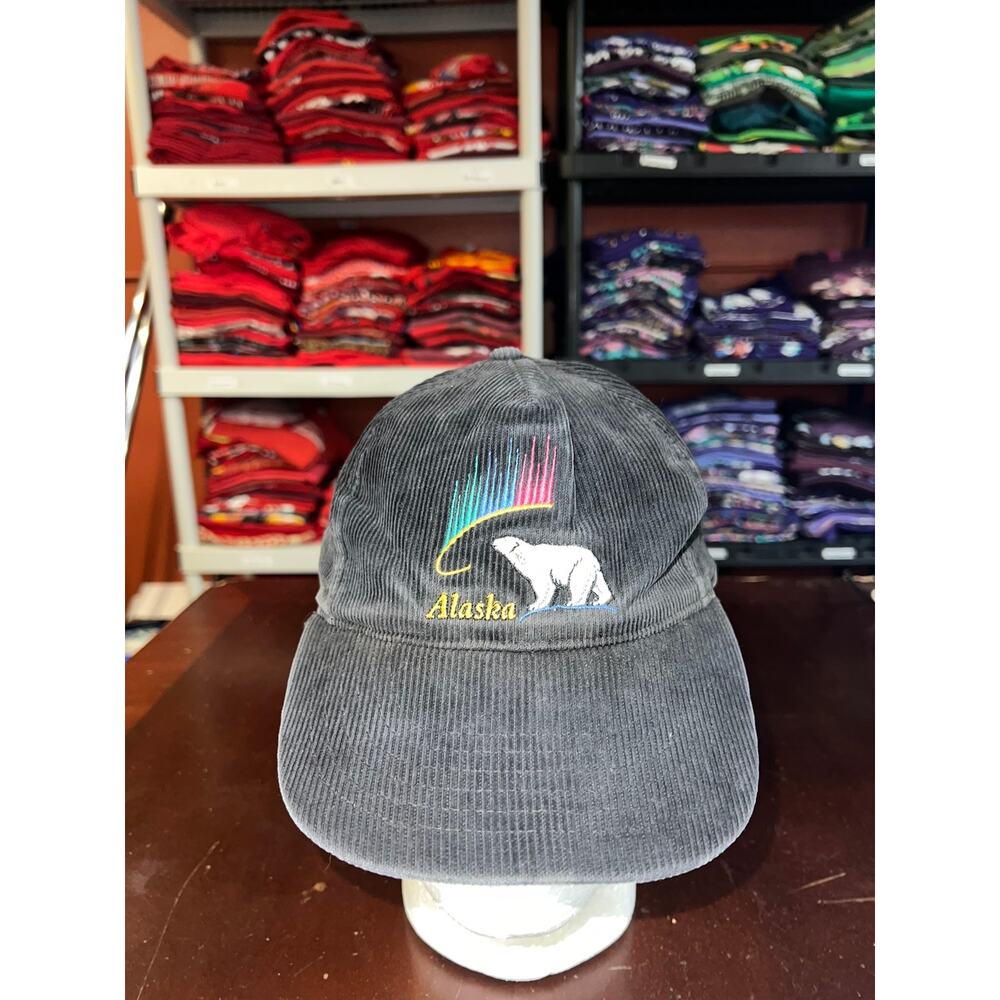 Vintage Alaska Polar Bear Hat Corduroy Black Northern Lights Cap Headwear